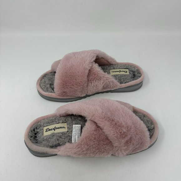 Pink Blush Faux Fur Crossover Slippers M 7/8 - Picture 1 of 14